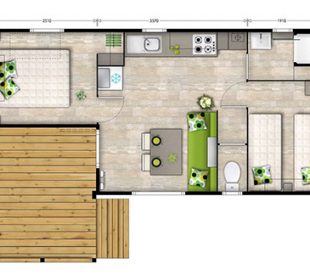 Clos du Bourg : plan du mobil home 2 chambres avec terrasse